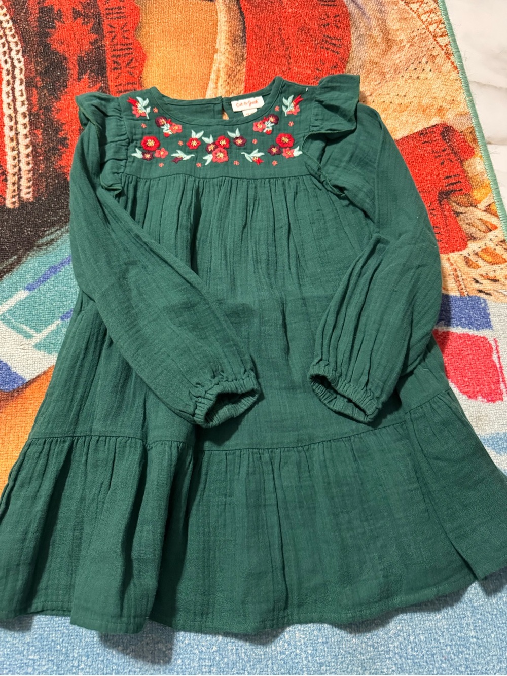 Cat & Jack Girls' Forest Green Embroidered Long-Sleeve Dress